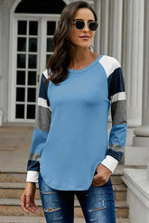 Womens Color Block Long Sleeves Blue Pullover Top - Femstylo