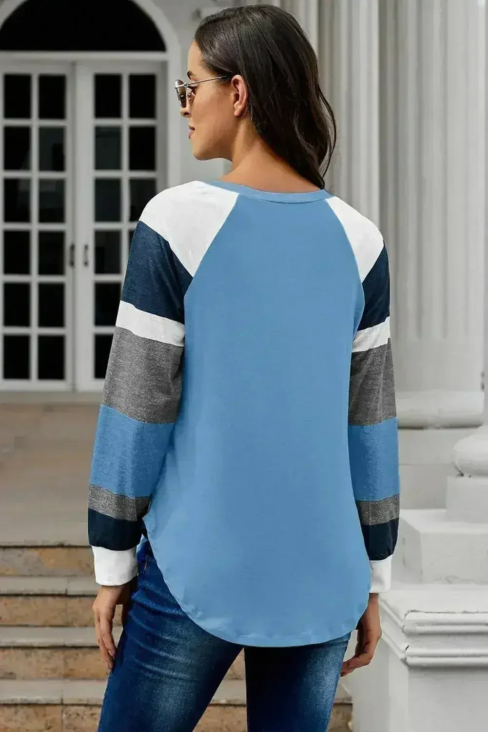 Womens Color Block Long Sleeves Blue Pullover Top - Femstylo