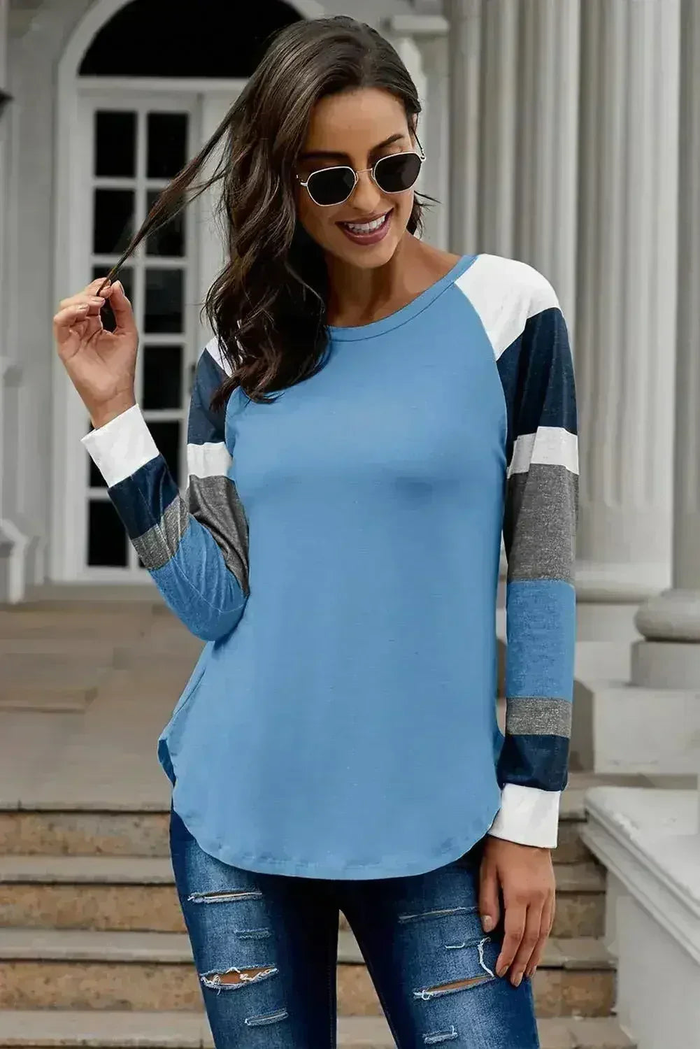 Womens Color Block Long Sleeves Blue Pullover Top - Femstylo