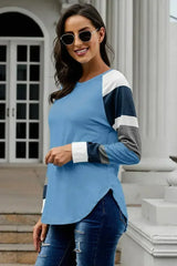 Womens Color Block Long Sleeves Blue Pullover Top - Femstylo