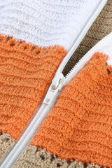 Womens Zipped Front Gray Colorblock Hollow-out Knit Hoodie - Femstylo