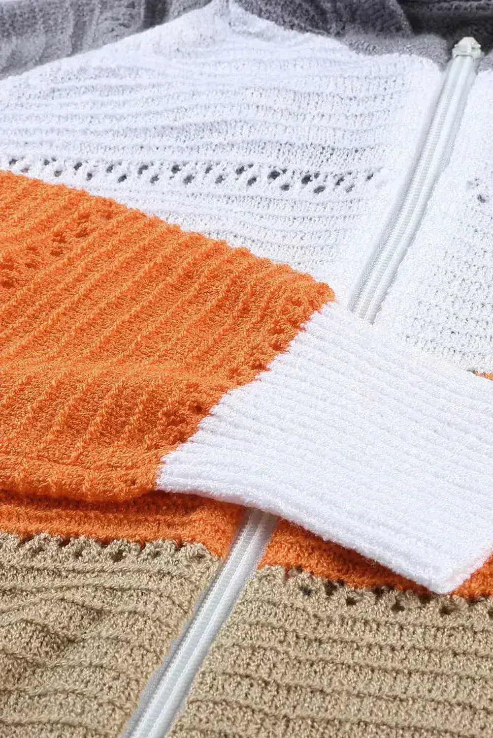 Womens Zipped Front Gray Colorblock Hollow-out Knit Hoodie - Femstylo