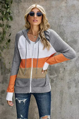 Womens Zipped Front Gray Colorblock Hollow-out Knit Hoodie - Femstylo