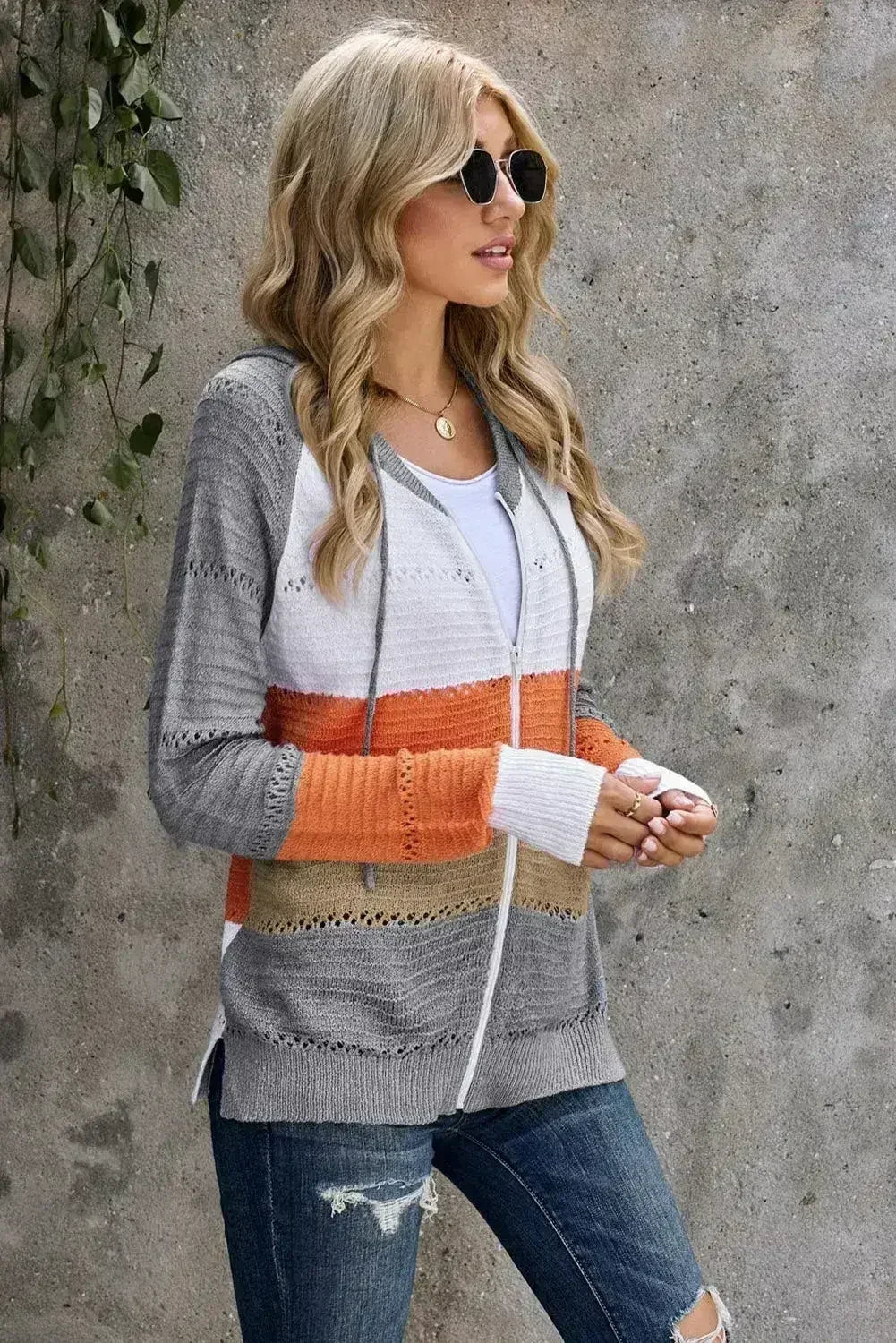 Womens Zipped Front Gray Colorblock Hollow-out Knit Hoodie - Femstylo