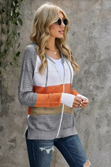 Womens Zipped Front Gray Colorblock Hollow-out Knit Hoodie - Femstylo