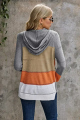 Womens Zipped Front Gray Colorblock Hollow-out Knit Hoodie - Femstylo