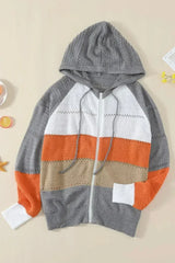 Womens Zipped Front Gray Colorblock Hollow-out Knit Hoodie - Femstylo