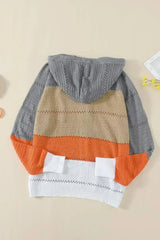 Womens Zipped Front Gray Colorblock Hollow-out Knit Hoodie - Femstylo