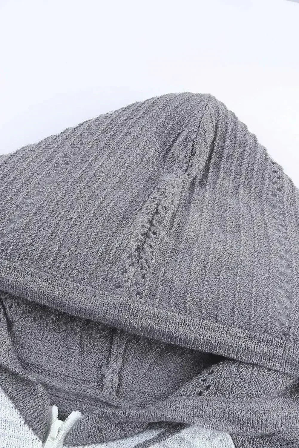 Womens Zipped Front Gray Colorblock Hollow-out Knit Hoodie - Femstylo