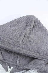 Womens Zipped Front Gray Colorblock Hollow-out Knit Hoodie - Femstylo