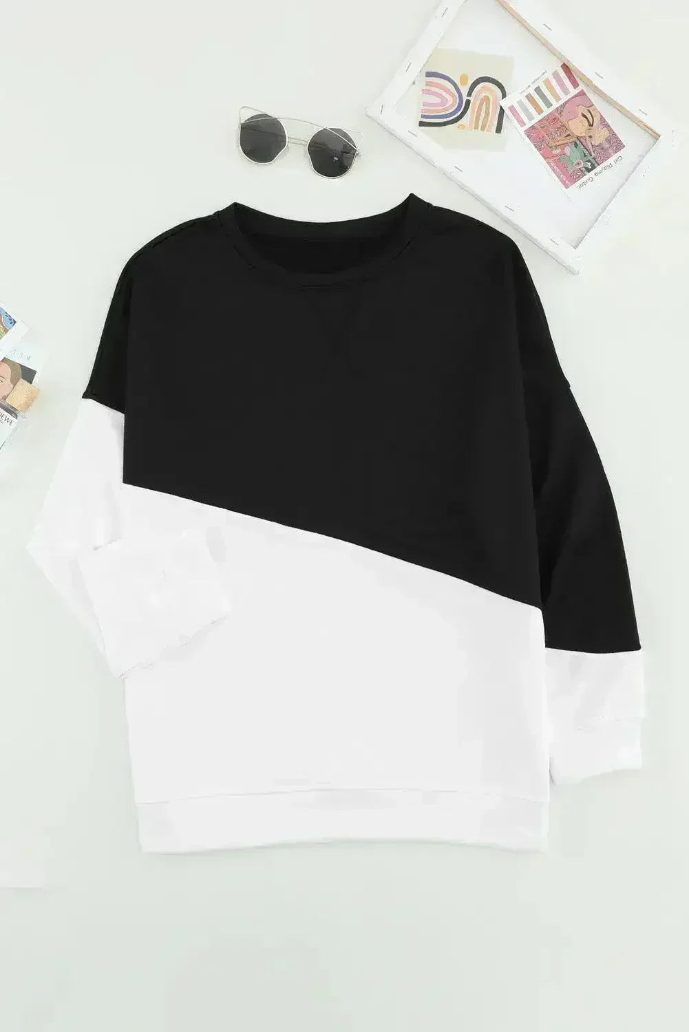 Black White Patchwork Dropped Shoulder Sleeve Sweatshirt - Femstylo