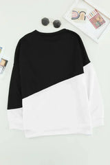 Black White Patchwork Dropped Shoulder Sleeve Sweatshirt - Femstylo