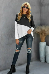 Black White Patchwork Dropped Shoulder Sleeve Sweatshirt - Femstylo