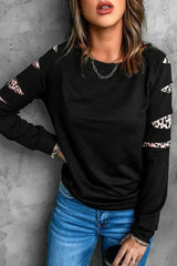 Womens Leopard Insert Long Sleeve Black Sweatshirt - Femstylo