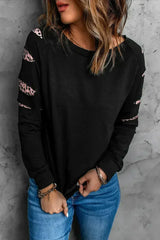 Womens Leopard Insert Long Sleeve Black Sweatshirt - Femstylo