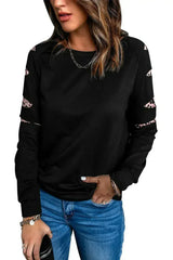 Womens Leopard Insert Long Sleeve Black Sweatshirt - Femstylo