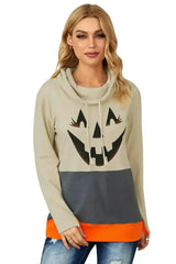 Gray Cowl Neck Pumpkin Print Color Block Halloween Sweatshirt - Femstylo
