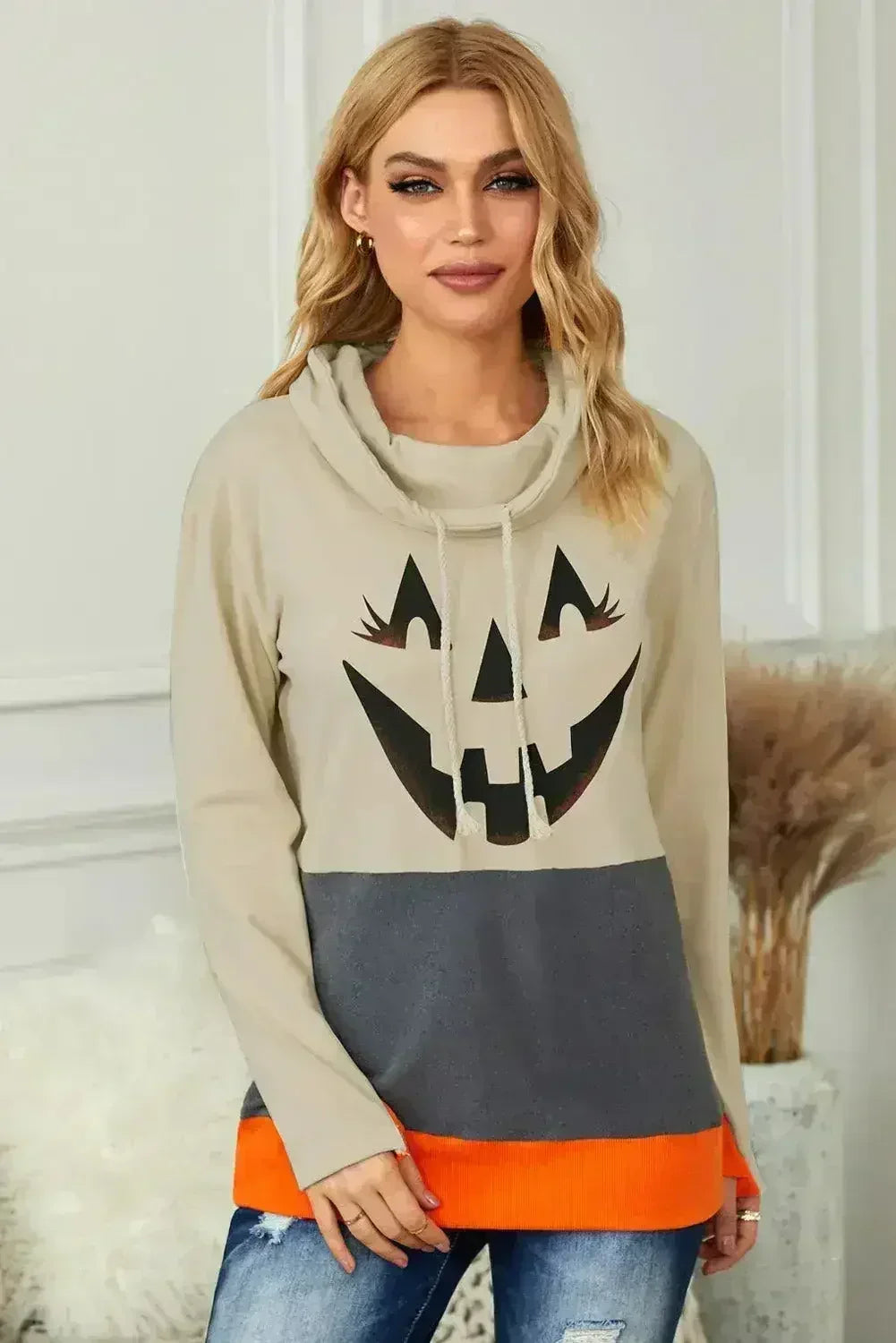 Gray Cowl Neck Pumpkin Print Color Block Halloween Sweatshirt - Femstylo