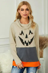 Gray Cowl Neck Pumpkin Print Color Block Halloween Sweatshirt - Femstylo