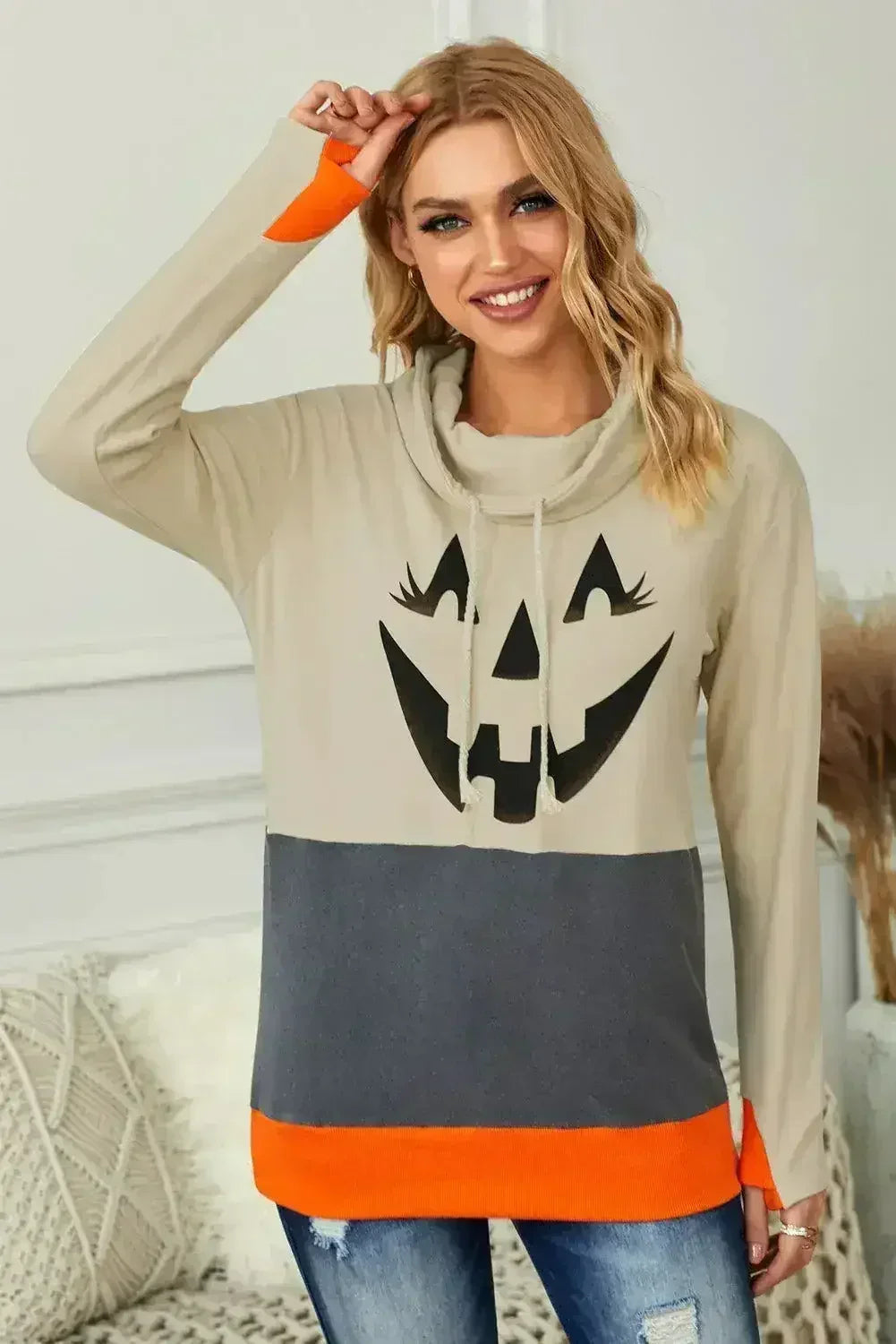 Gray Cowl Neck Pumpkin Print Color Block Halloween Sweatshirt - Femstylo