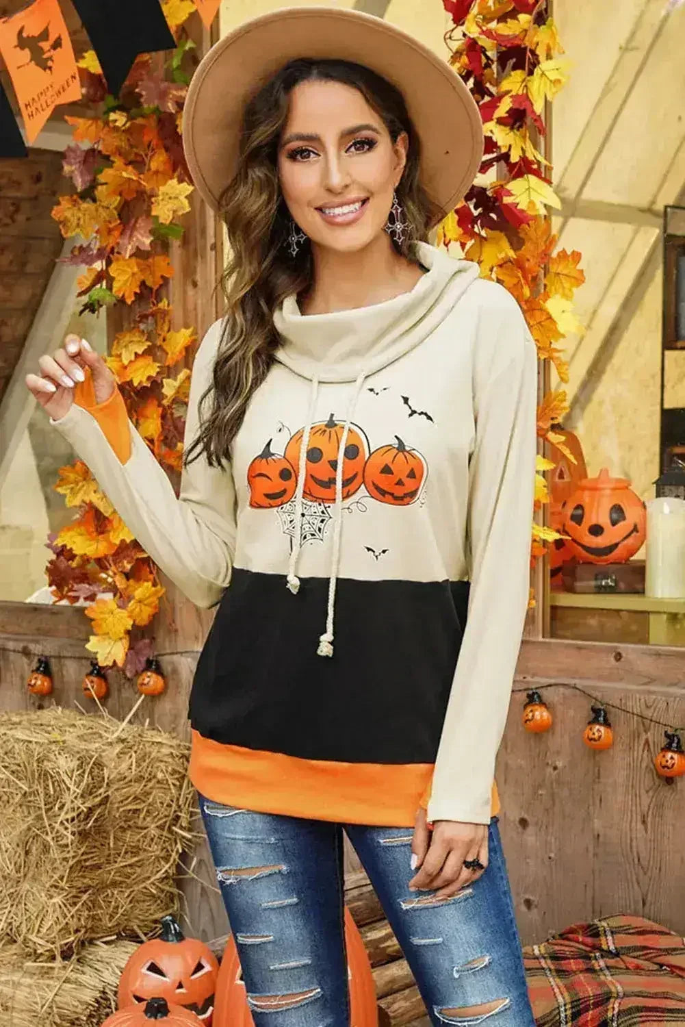 Cowl Neck Pumpkin Print Color Block Halloween Sweatshirt - Femstylo