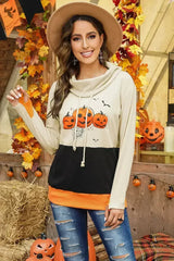 Cowl Neck Pumpkin Print Color Block Halloween Sweatshirt - Femstylo