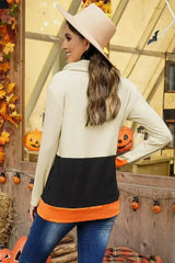 Cowl Neck Pumpkin Print Color Block Halloween Sweatshirt - Femstylo
