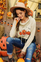 Cowl Neck Pumpkin Print Color Block Halloween Sweatshirt - Femstylo