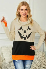 Cute Black Cowl Neck Pumpkin Print Color Block Halloween Sweatshirt - Femstylo