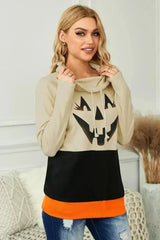 Cute Black Cowl Neck Pumpkin Print Color Block Halloween Sweatshirt - Femstylo