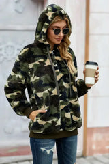 Women's Winter Green Camo Print Warm Furry Pullover Hoodie - Femstylo