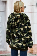 Women's Winter Green Camo Print Warm Furry Pullover Hoodie - Femstylo