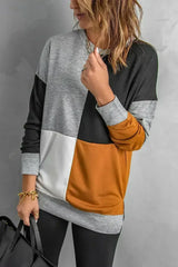 Women's Gray Color Block Round Neck Long Sleeves Pullover Sweatshirt - Femstylo