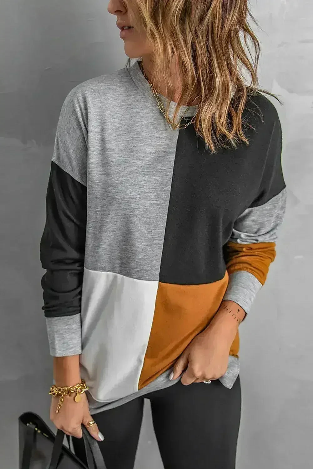 Women's Gray Color Block Round Neck Long Sleeves Pullover Sweatshirt - Femstylo