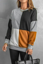 Women's Gray Color Block Round Neck Long Sleeves Pullover Sweatshirt - Femstylo