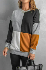 Women's Gray Color Block Round Neck Long Sleeves Pullover Sweatshirt - Femstylo