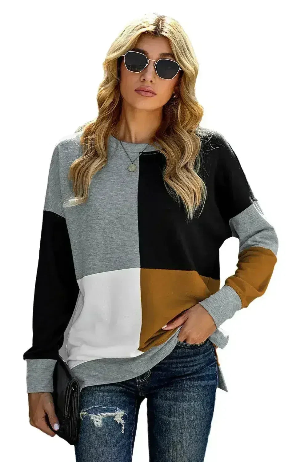 Women's Gray Color Block Round Neck Long Sleeves Pullover Sweatshirt - Femstylo