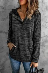 Women's Black Heathered Print Button Snap Neck Pullover Hoodie - Femstylo