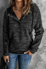 Women's Black Heathered Print Button Snap Neck Pullover Hoodie - Femstylo