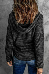 Women's Black Heathered Print Button Snap Neck Pullover Hoodie - Femstylo