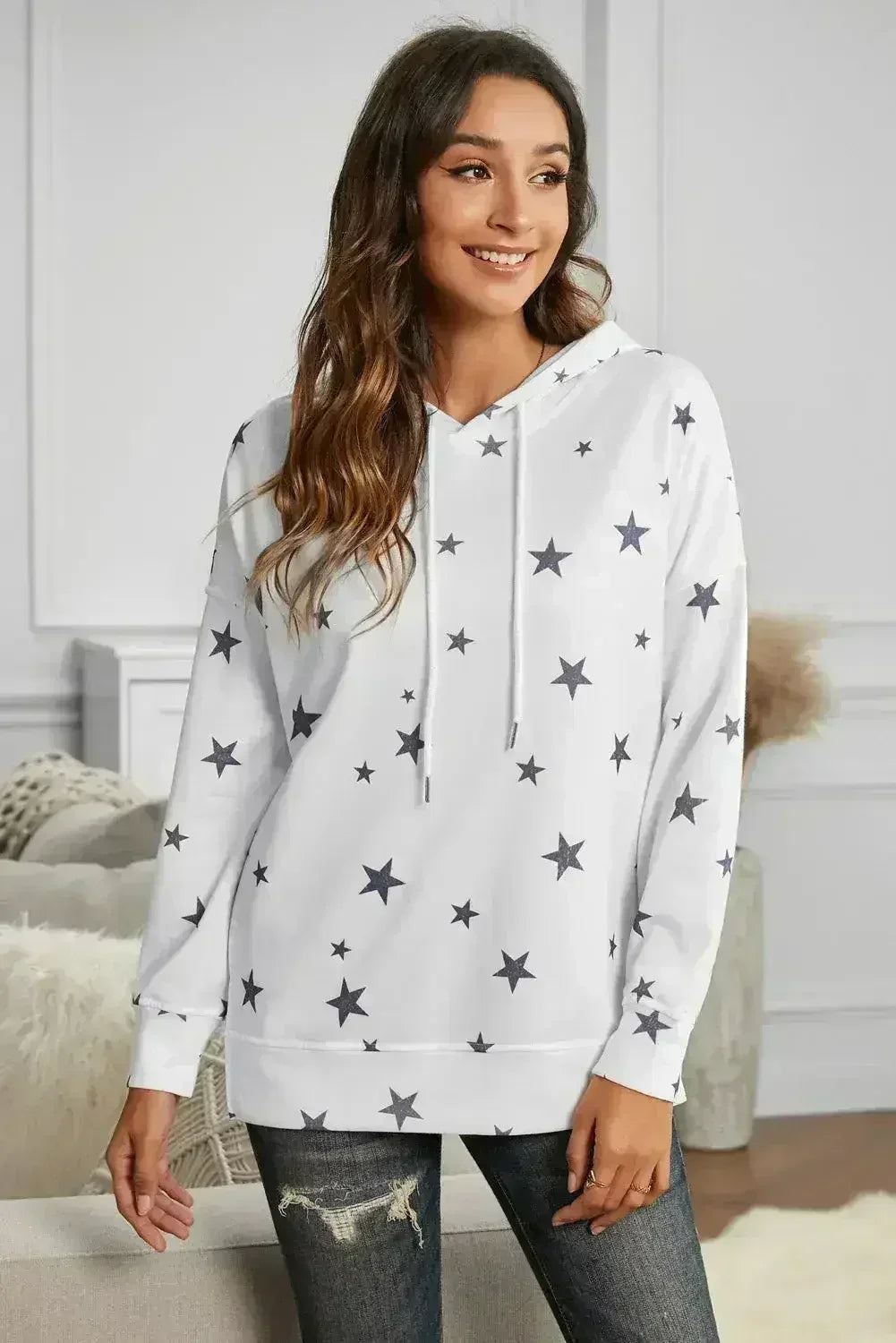 Women's Side Slits White Star Print Hoodie - Femstylo