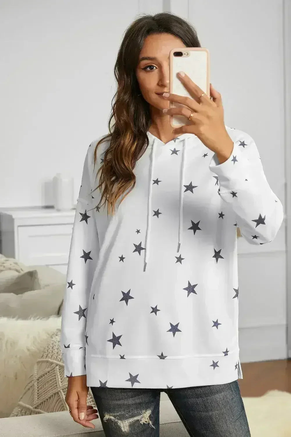 Women's Side Slits White Star Print Hoodie - Femstylo