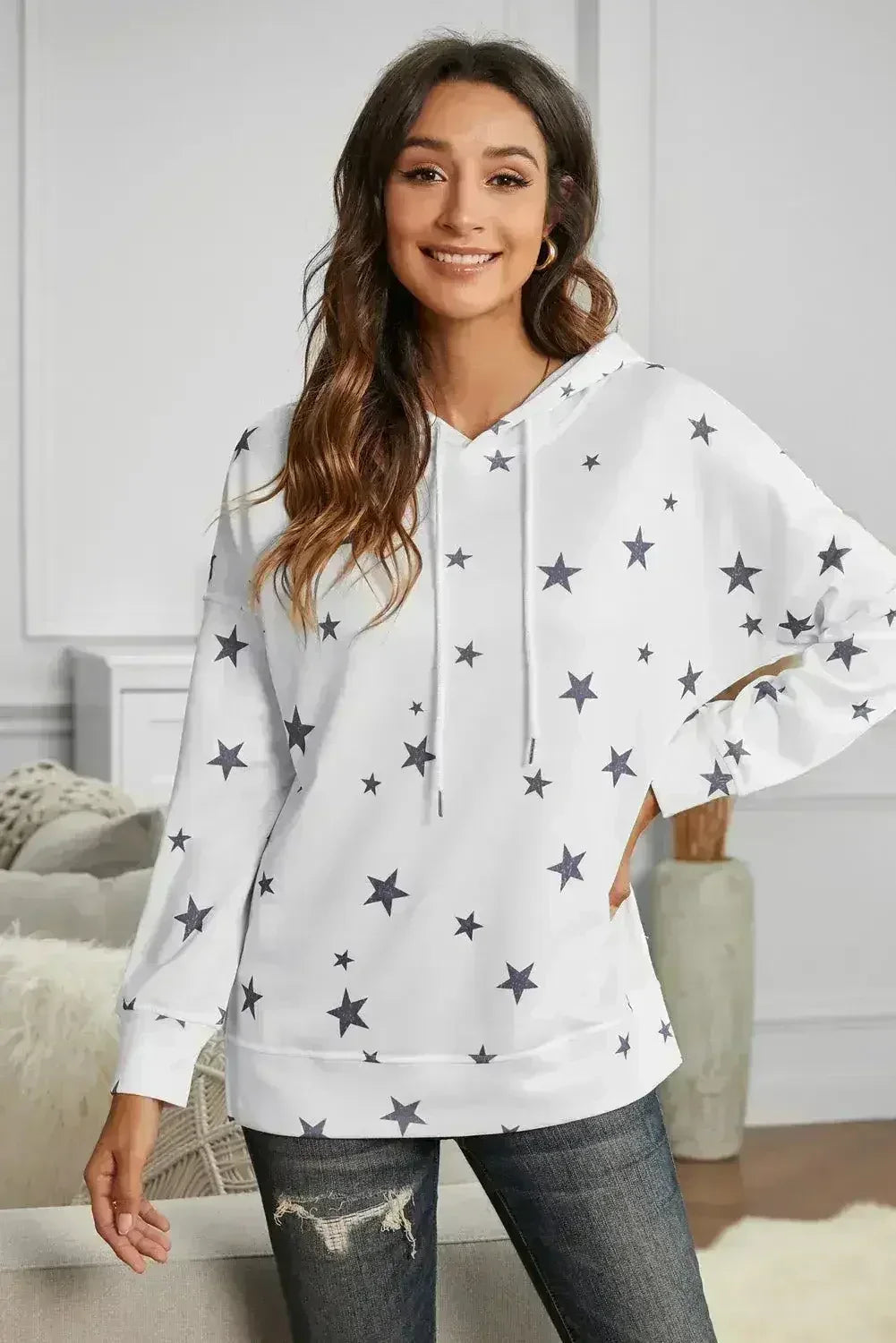 Women's Side Slits White Star Print Hoodie - Femstylo
