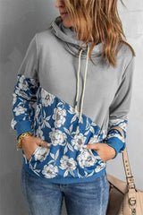 Women's Gray Floral Splicing Cowl Neck Hoodie - Femstylo