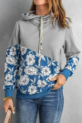 Women's Gray Floral Splicing Cowl Neck Hoodie - Femstylo