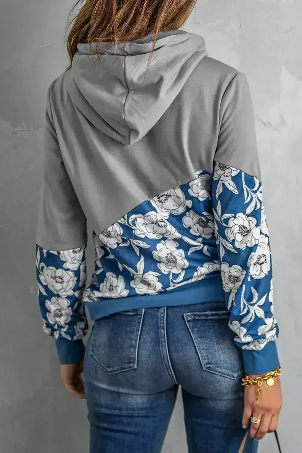 Women's Gray Floral Splicing Cowl Neck Hoodie - Femstylo