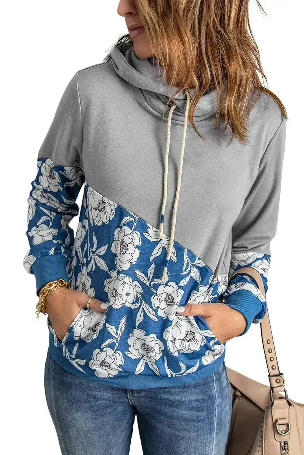 Women's Gray Floral Splicing Cowl Neck Hoodie - Femstylo
