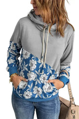 Women's Gray Floral Splicing Cowl Neck Hoodie - Femstylo