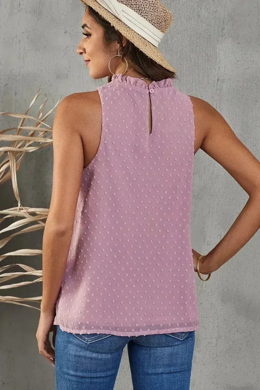 Pink Swiss Dot Ruffle Tank - Femstylo