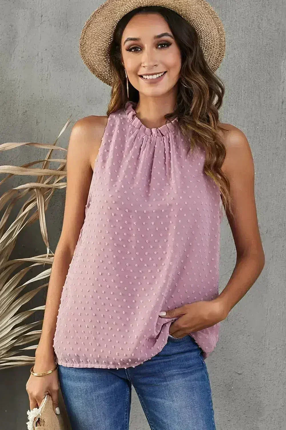 Pink Swiss Dot Ruffle Tank - Femstylo